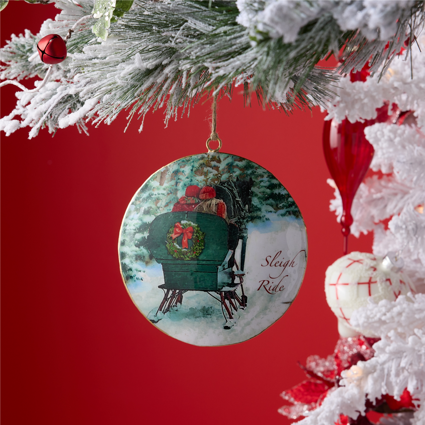 Metal Couple Sleigh Ride Disc Ornament (Set of 6) -Ship Only