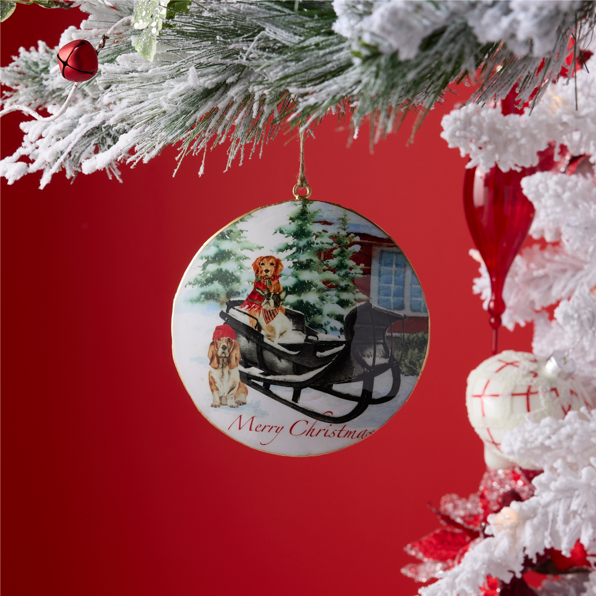 Dog and Sleigh Disc Ornament (Set of 6) 6”H Iron -Ship Only