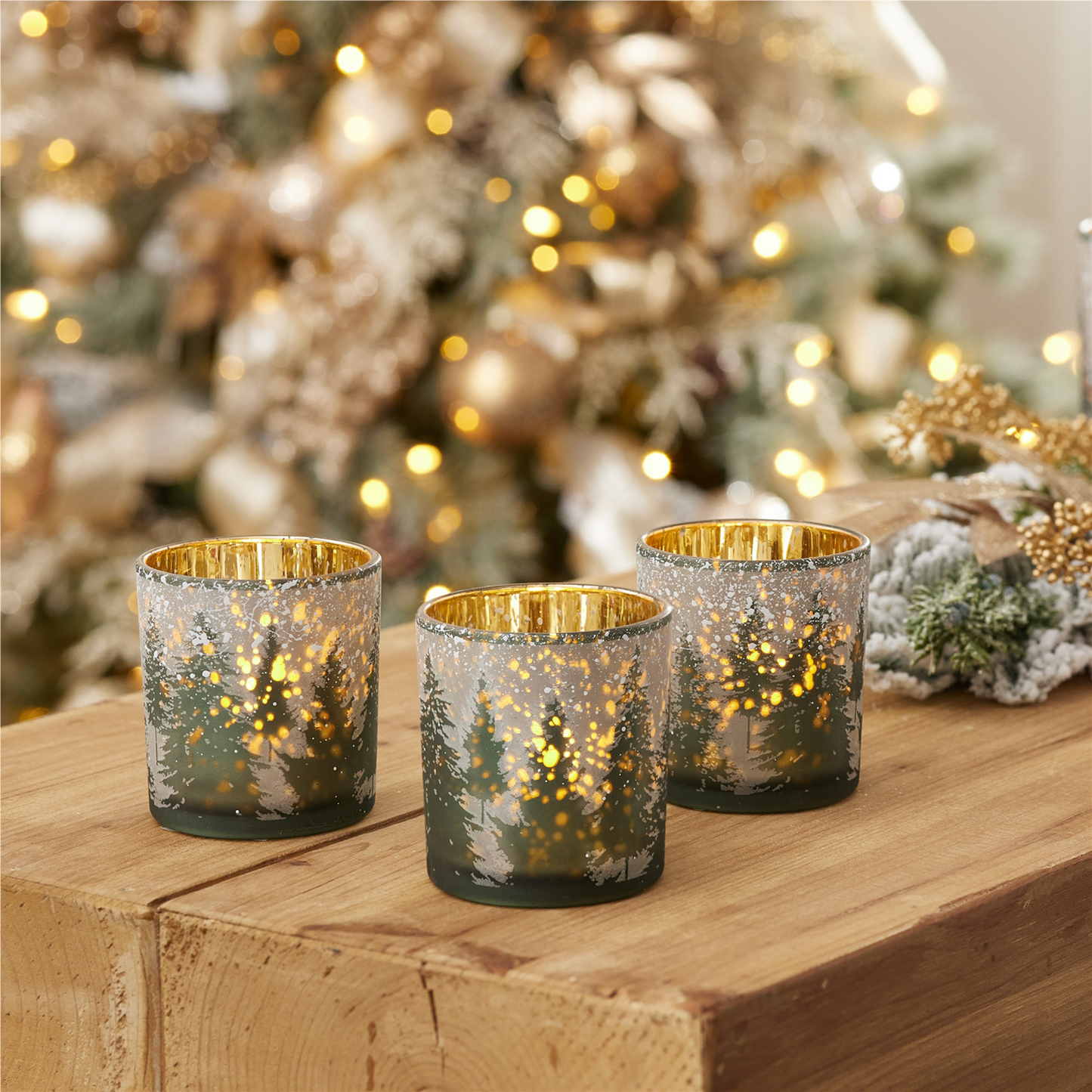 Frosted Pine Mercury Glass Candle Holder (Set of 3) -Ship Only