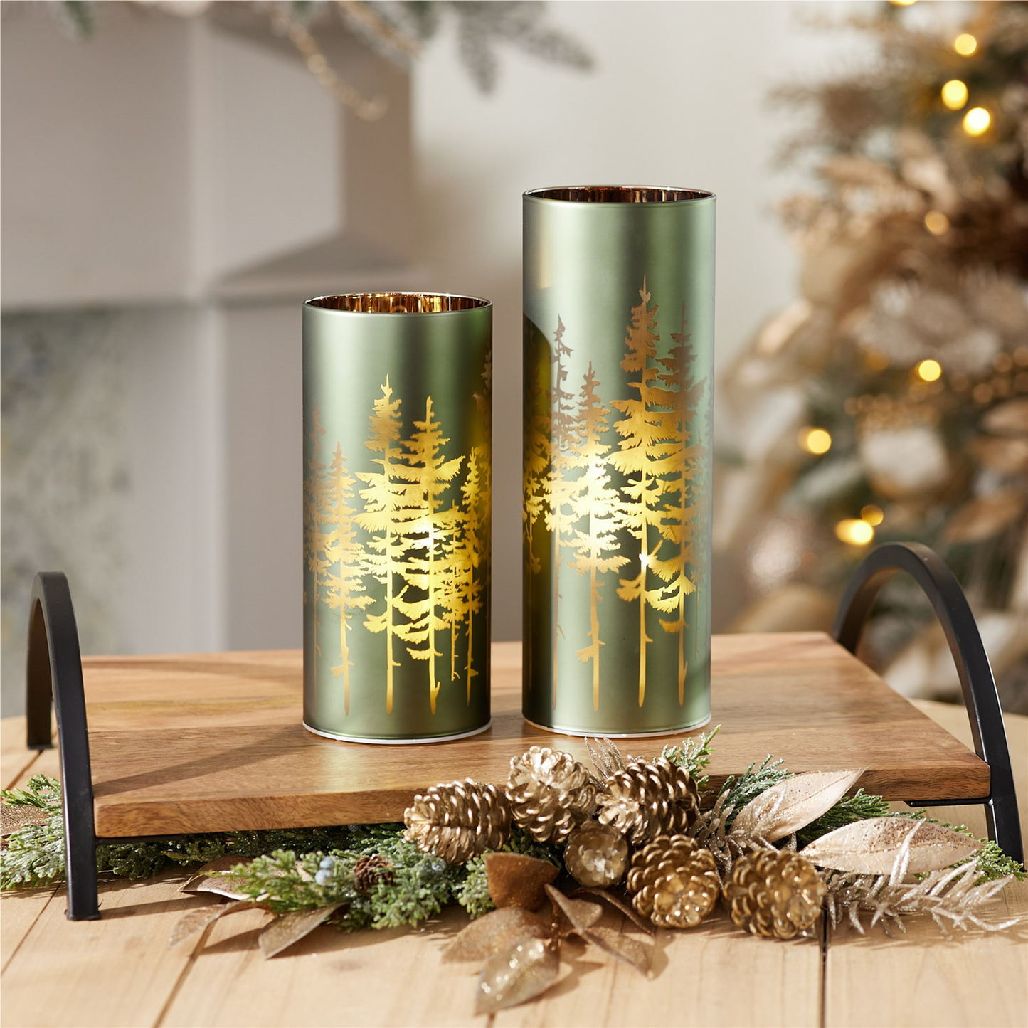 Frosted Pine Trees Glass Candle Holder (Set of 2) -Ship Only