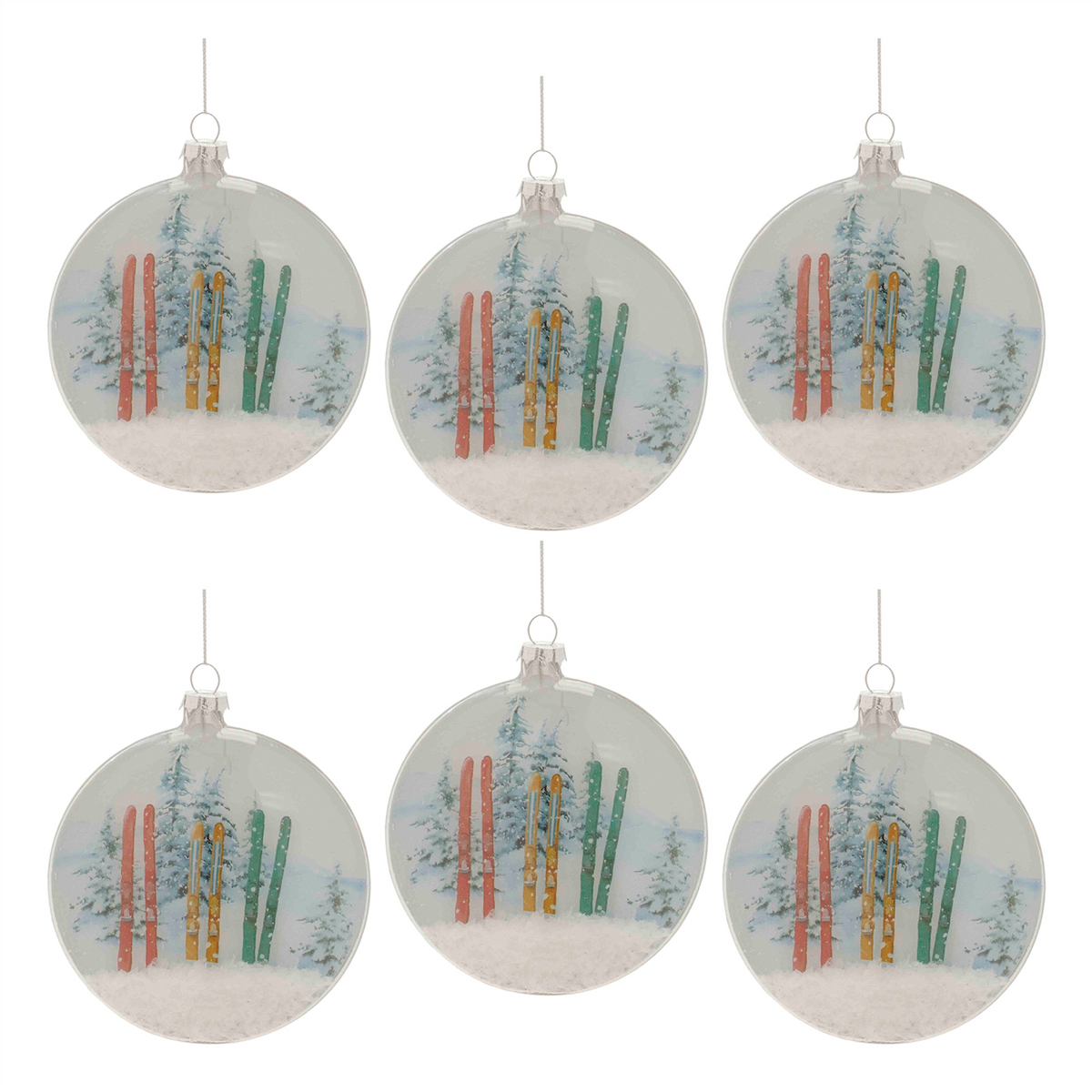 Glass Ski and Snow Disc Ornament (Set of 6) -Ship Only