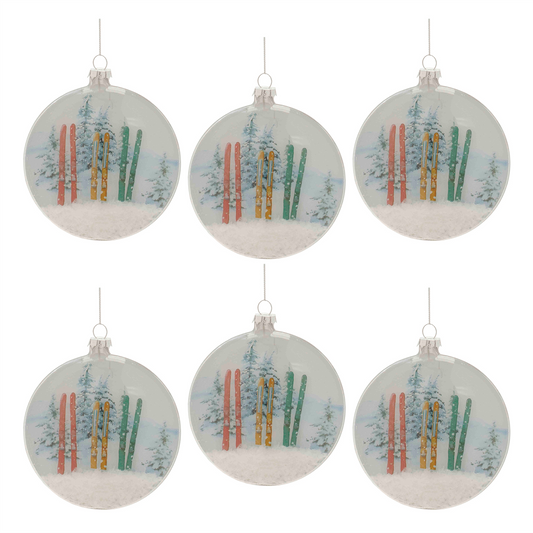 Glass Ski and Snow Disc Ornament (Set of 6) -Ship Only