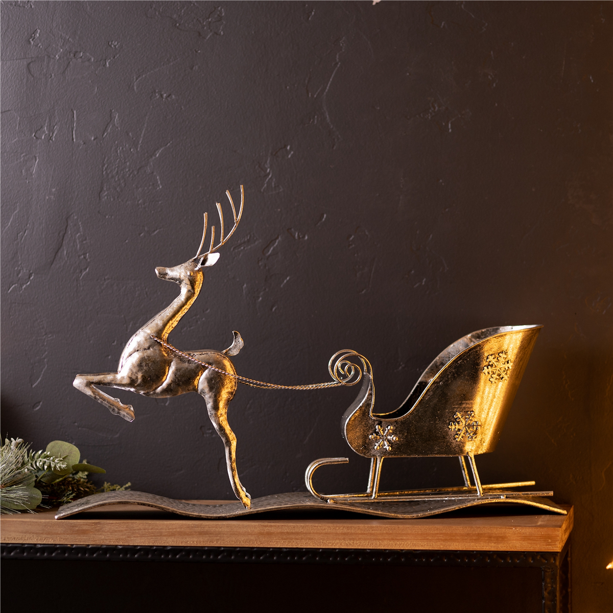 Hammered Metal Reindeer with Sleigh 25.5"L -Ship Only