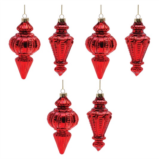 Red Ribbed Glass Finial Ornament (Set of 6) -Ship Only