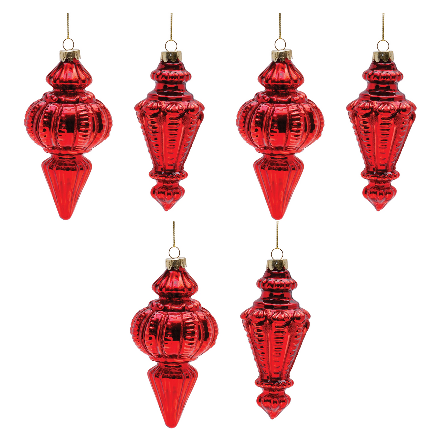 Red Ribbed Glass Finial Ornament (Set of 6) -Ship Only