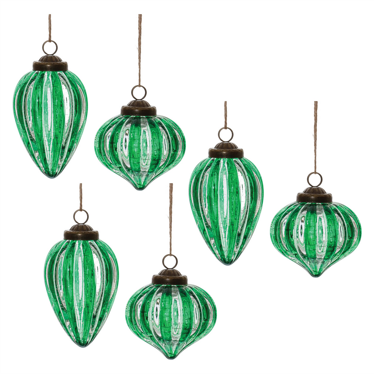 Green Ribbed Crackle Glass Ornament (Set of 6) -Ship Only