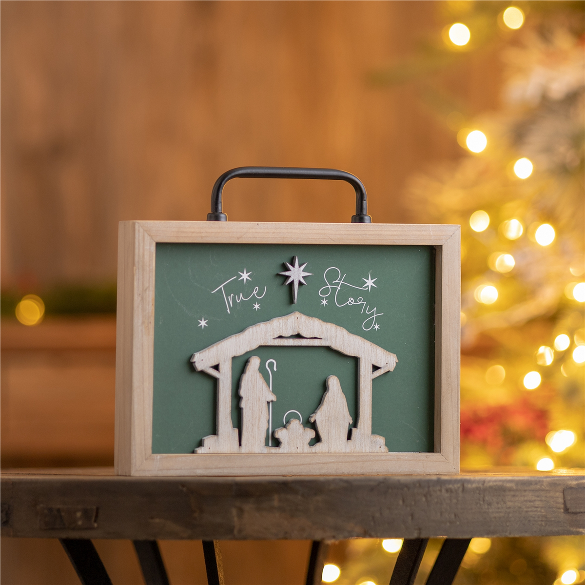 Wood "True Story" Nativity Plaque with Handle 9.5"L -Ship Only