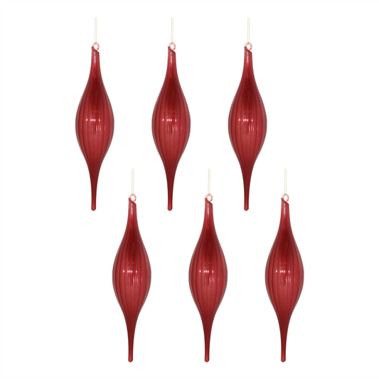Red Ribbed Glass Drop Ornament (Set of 6) -Ship Only