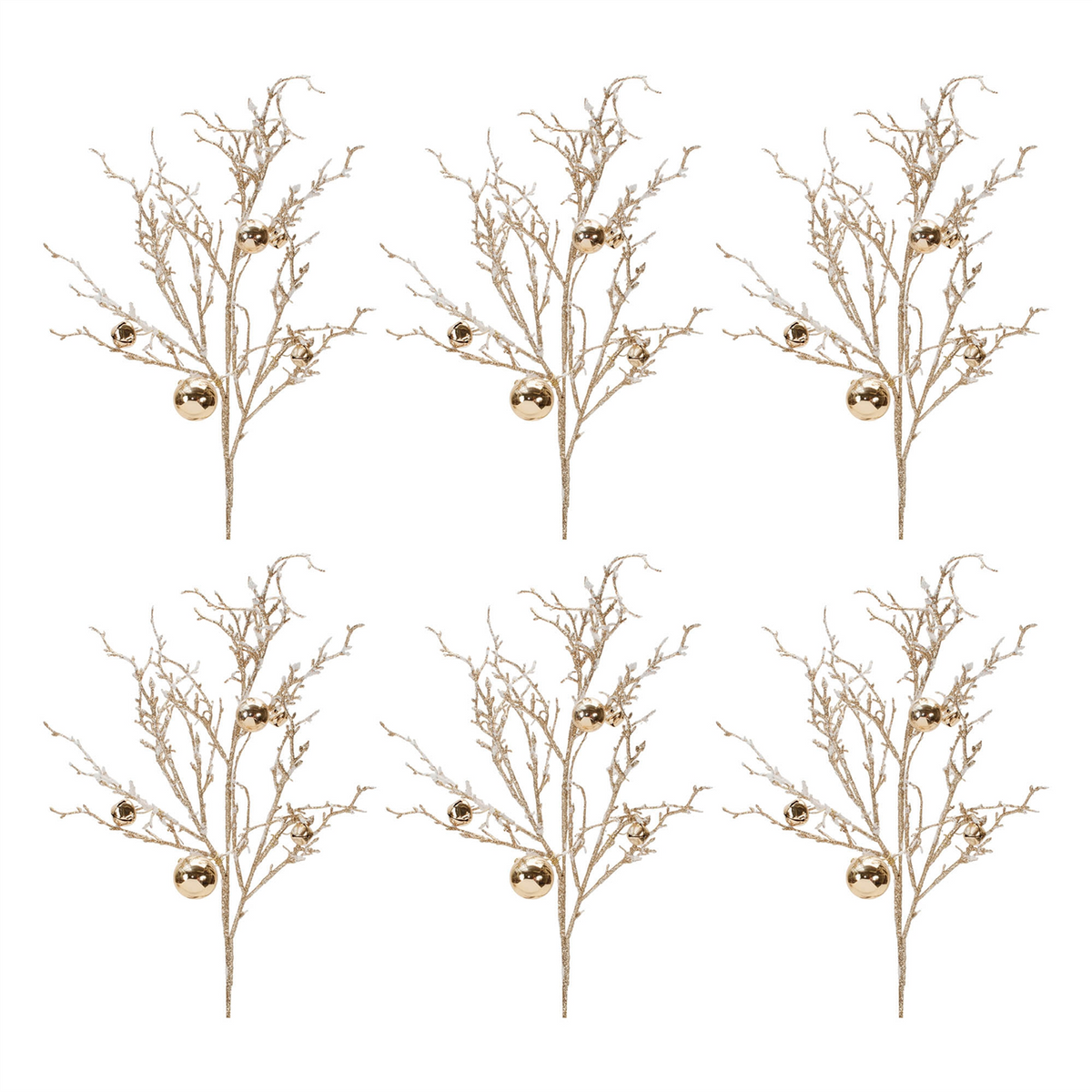 Flocked Twig Branch with Sleigh Bells (Set of 6) -Ship Only