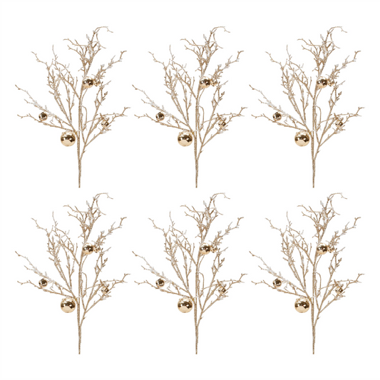 Flocked Twig Branch with Sleigh Bells (Set of 6) -Ship Only