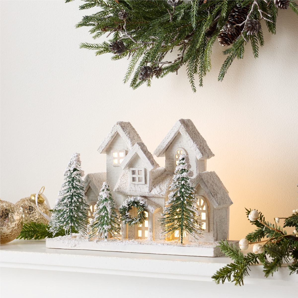 LED Flocked Holiday Village Display 12.5"L -Ship Only