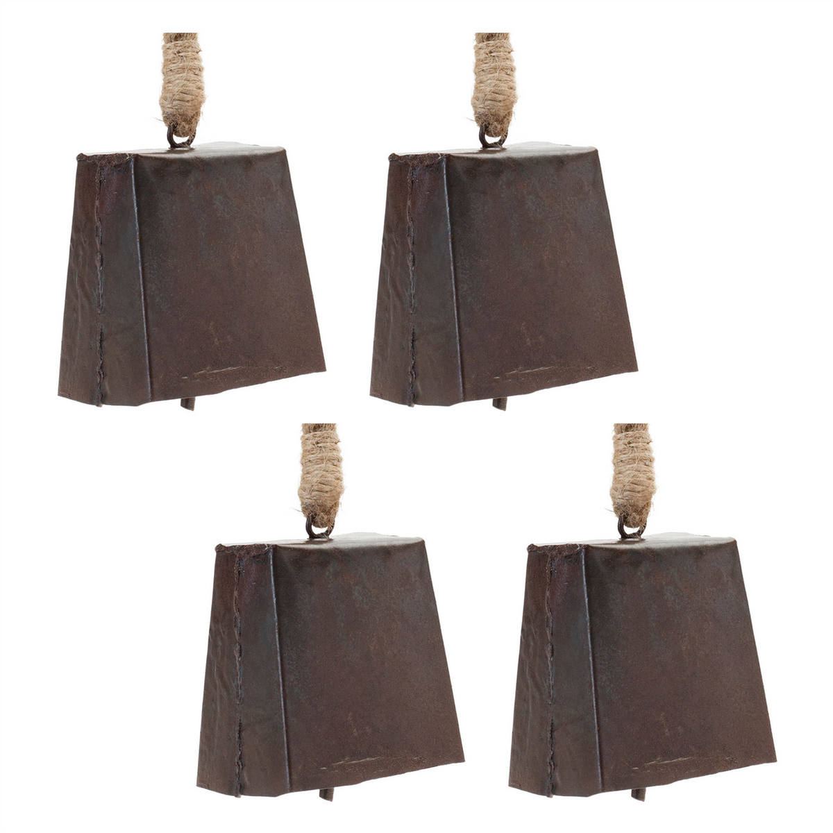 Bronze Metal Bell Ornament with Jute Rope Hanger (Set of 4) -Ship Only