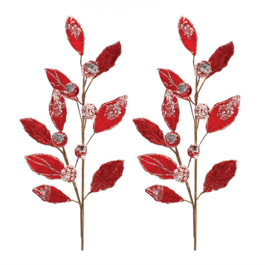 Beaded Red Leaf Stem (Set of 2) -Ship Only