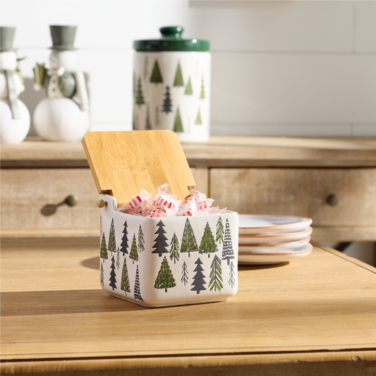 Ceramic Pine Tree Canister with Wood Lid 5.25"L -Ship Only