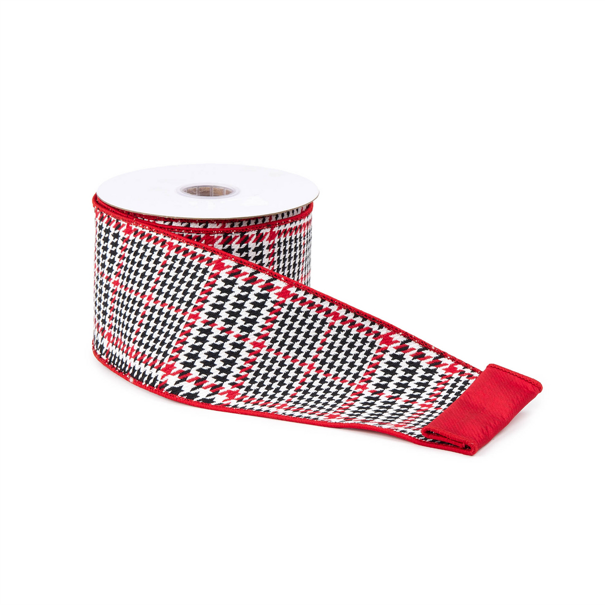 Red and Black Houndstooth Plaid Wired Ribbon 4" x 10yds -Ship Only