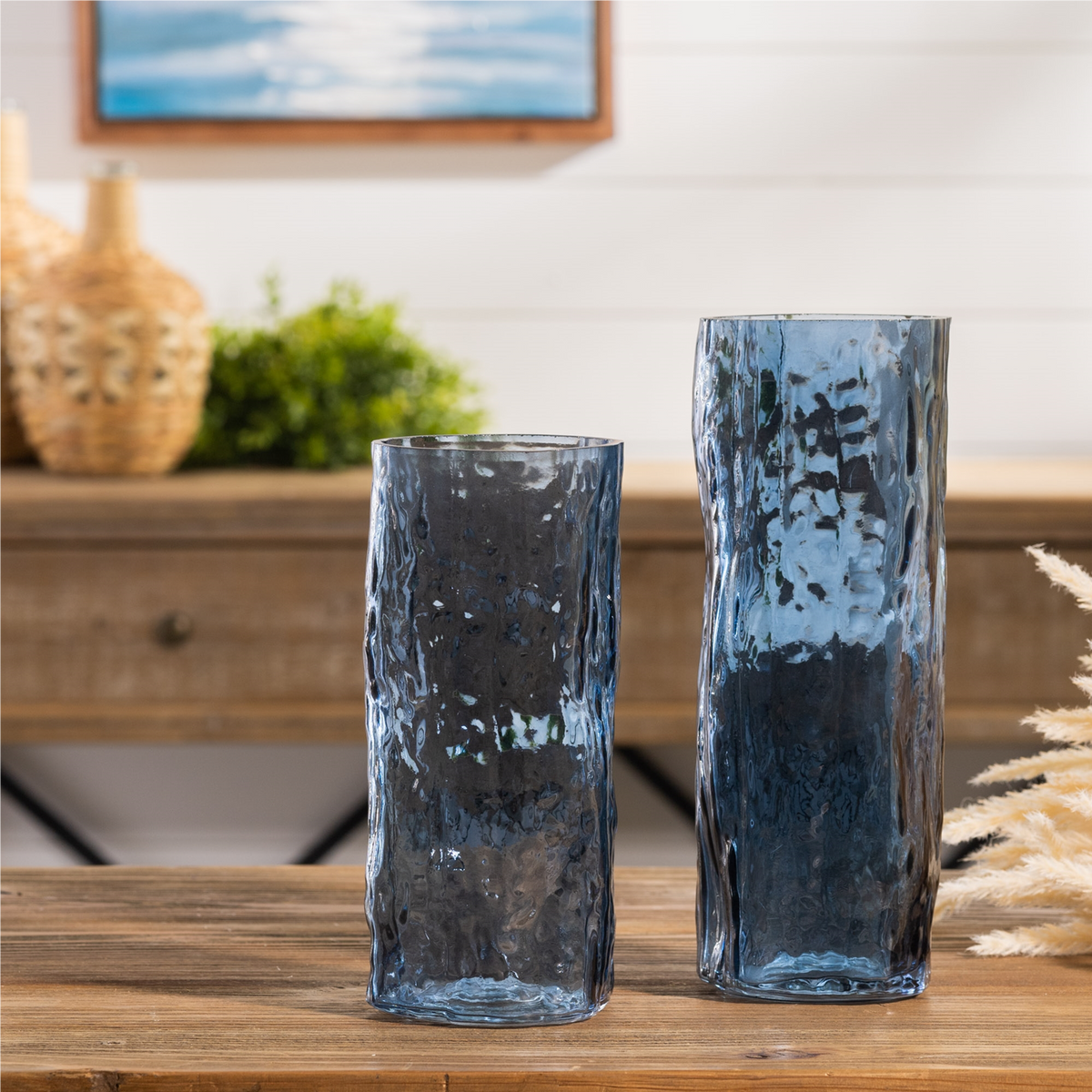 Blue Wavy Glass Vase (Set of 2) -Ship Only