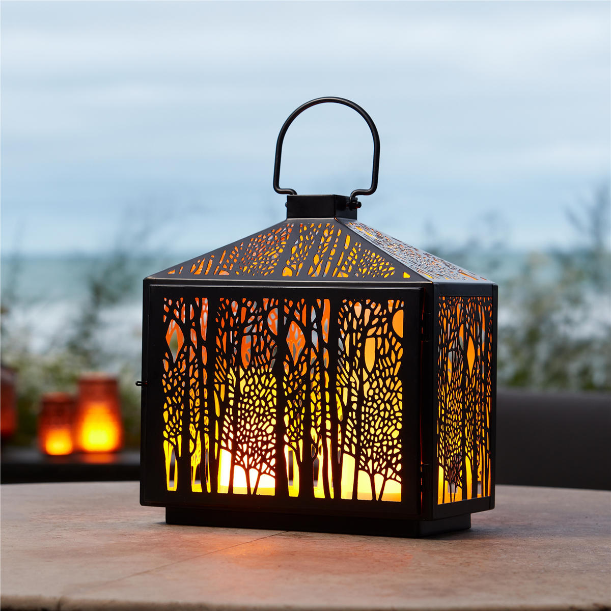 Forest Cut Metal Lantern with Gold Accent 12"H -Ship Only