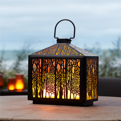Forest Cut Metal Lantern with Gold Accent 12"H -Ship Only
