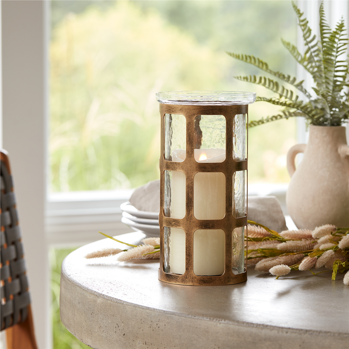 Wavy Glass Candle Holder with Distressed Metal Frame 10"H -Ship Only