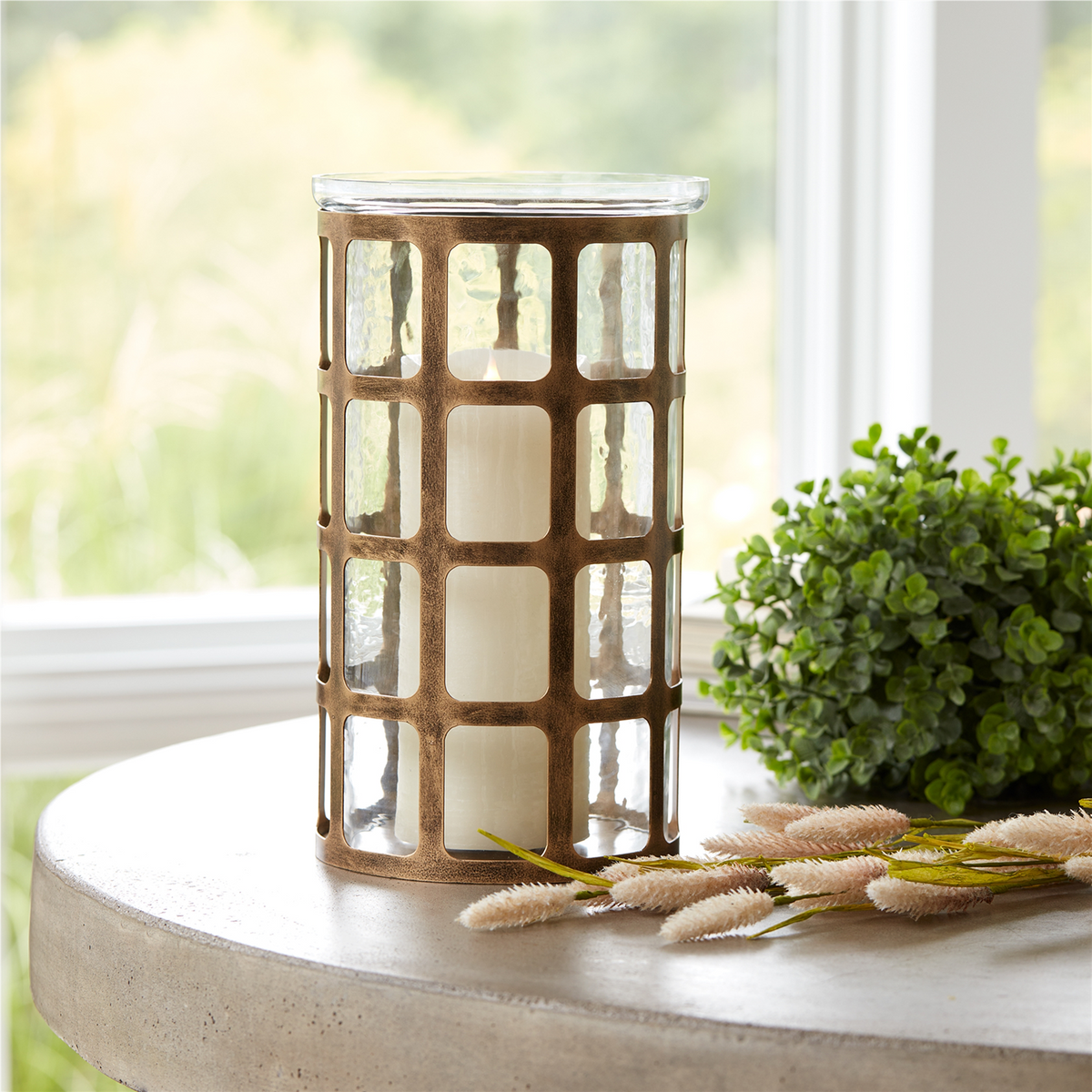 Wavy Glass Candle Holder with Distressed Metal Frame 12.25"H -Ship Only