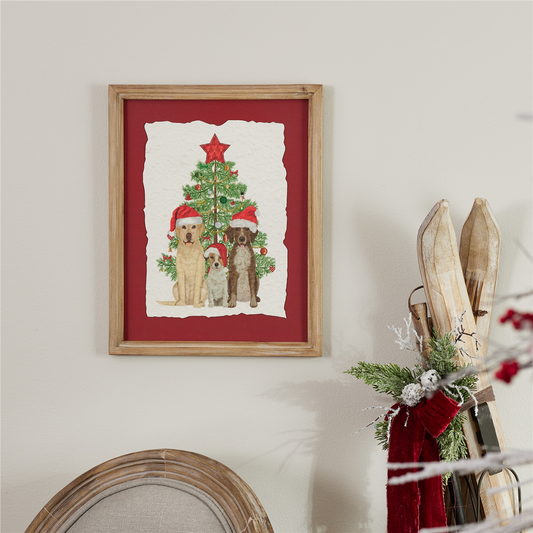Framed Holiday Dogs and Christmas Tree Print 15"H -Ship Only