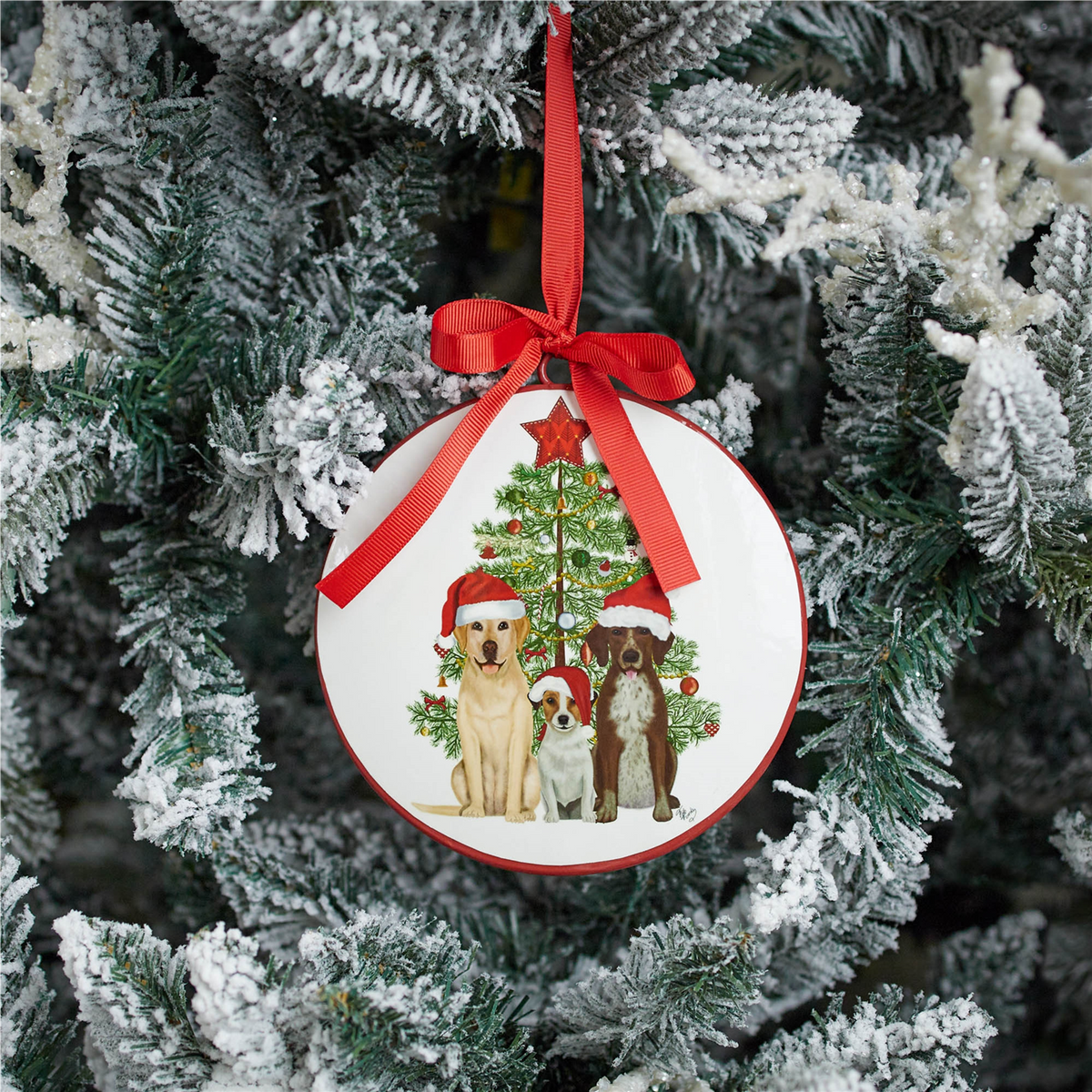 Dog with Tree Disc Ornament (Set of 12) 6”H Iron -Ship Only