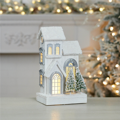 LED Flocked Wooden House 14.5"H
