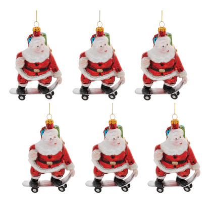 Glass Skateboarding Santa Oranment (Set of 6)