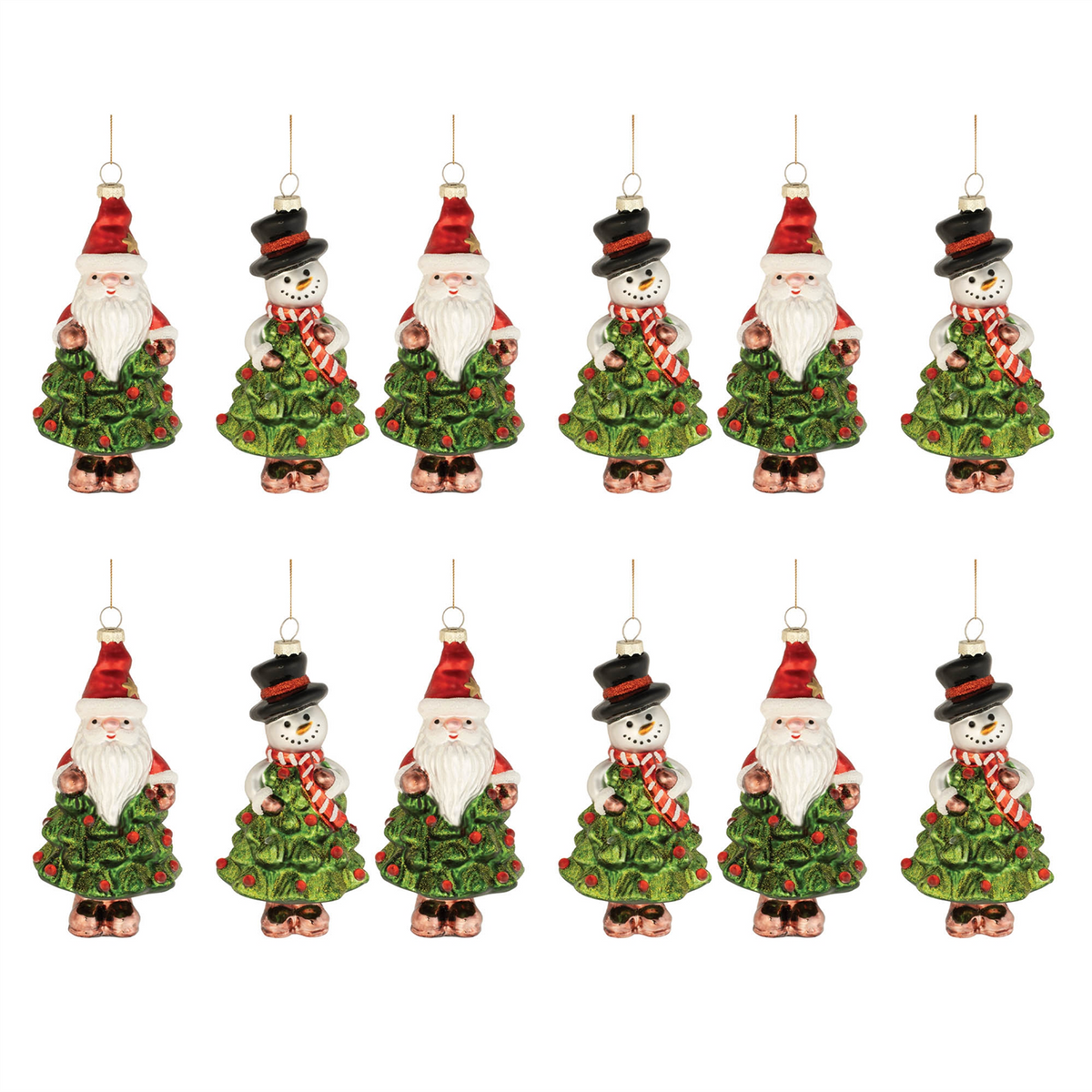 Santa and Snowman Tree Ornament (Set of 12) 5.5"H, 6"H Glass -Ship Only