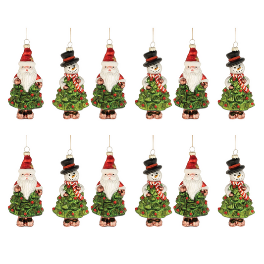 Santa and Snowman Tree Ornament (Set of 12) 5.5"H, 6"H Glass -Ship Only