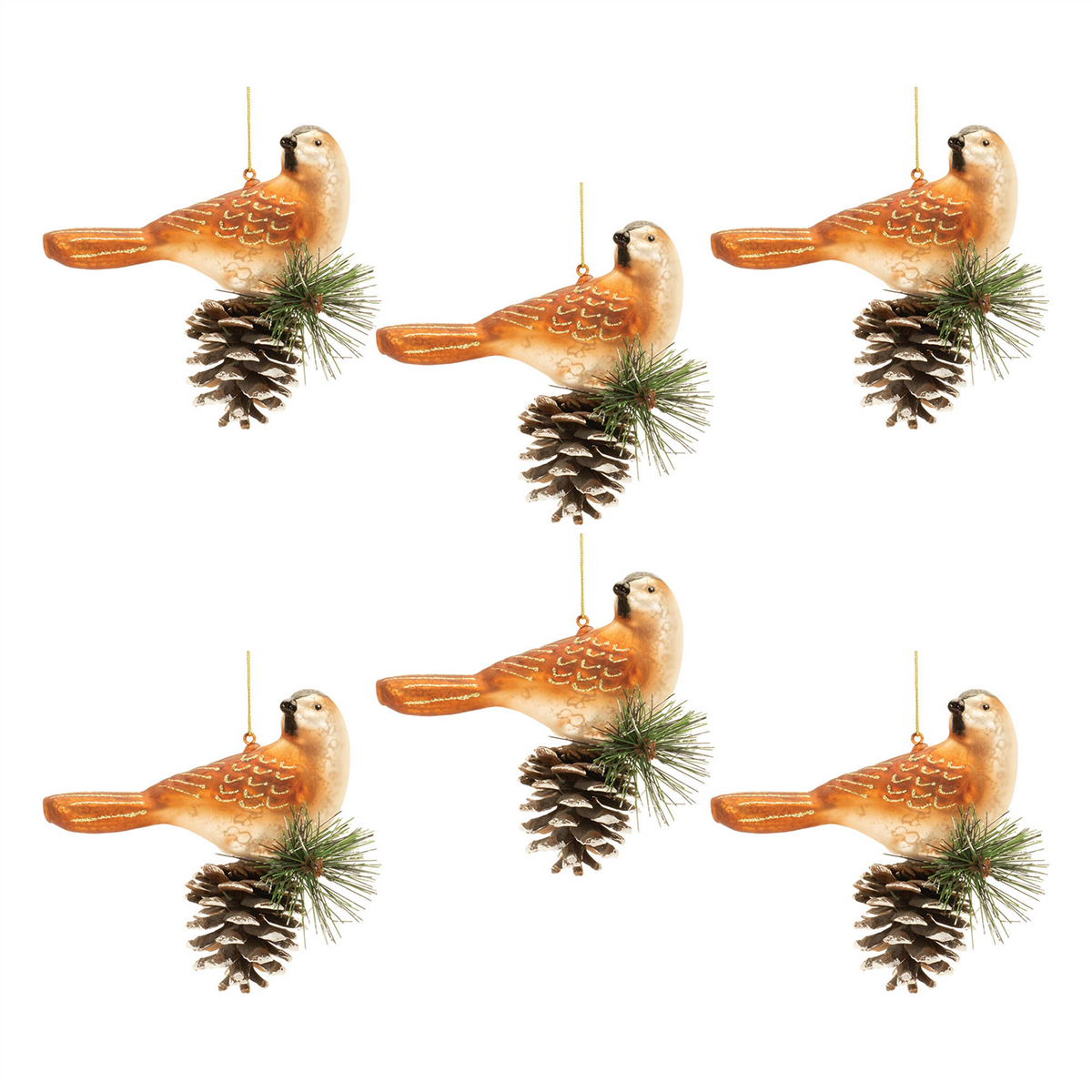 Glittered Glass Bird and Piencone Ornament (Set of 6)