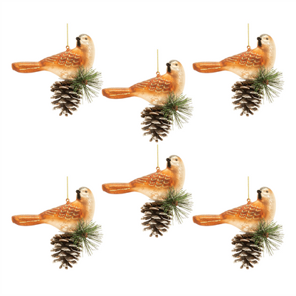 Glittered Glass Bird and Piencone Ornament (Set of 6)