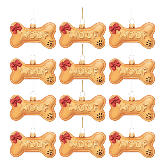 Woof Bone Ornament (Set of 12) 3.75"L x 3"H Glass -Ship Only