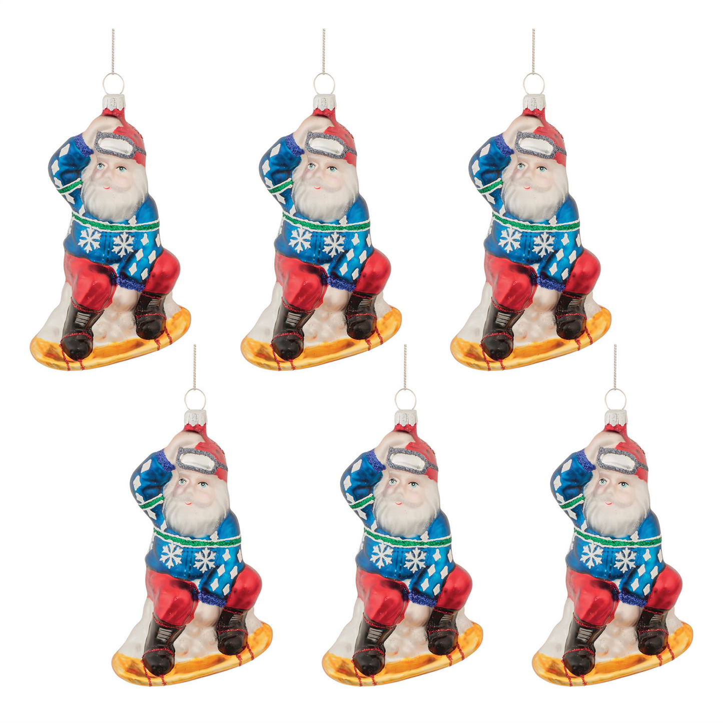 Glass Snowboarding Santa Ornament (Set of 6)