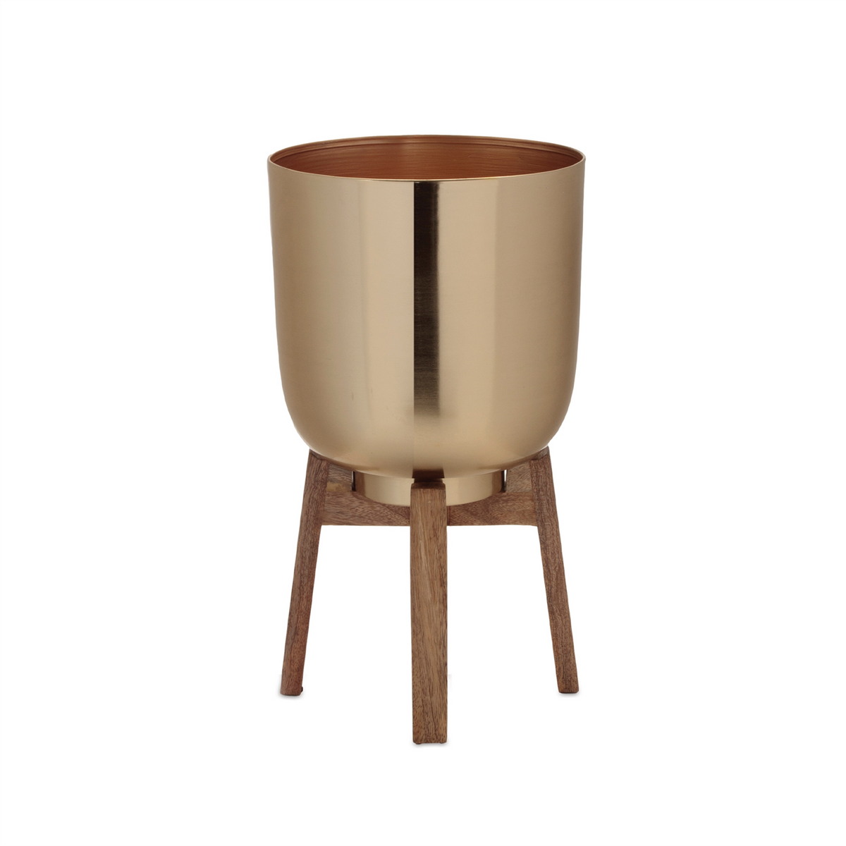 Round Metal Planter with Wooden Stand (Set of 2) -Ship Only