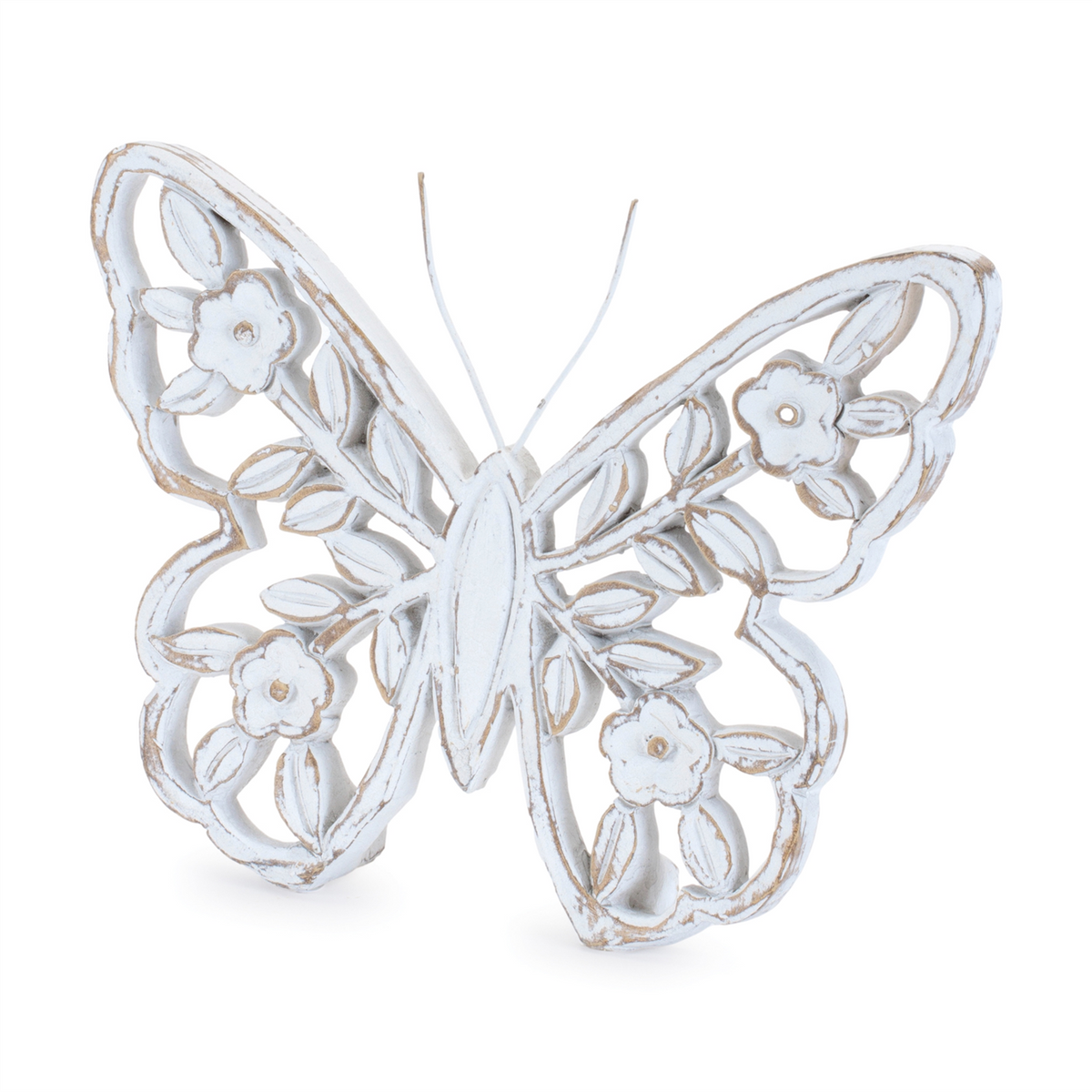 White Washed Floral Butterfly Decor (Set of 2) -Ship Only