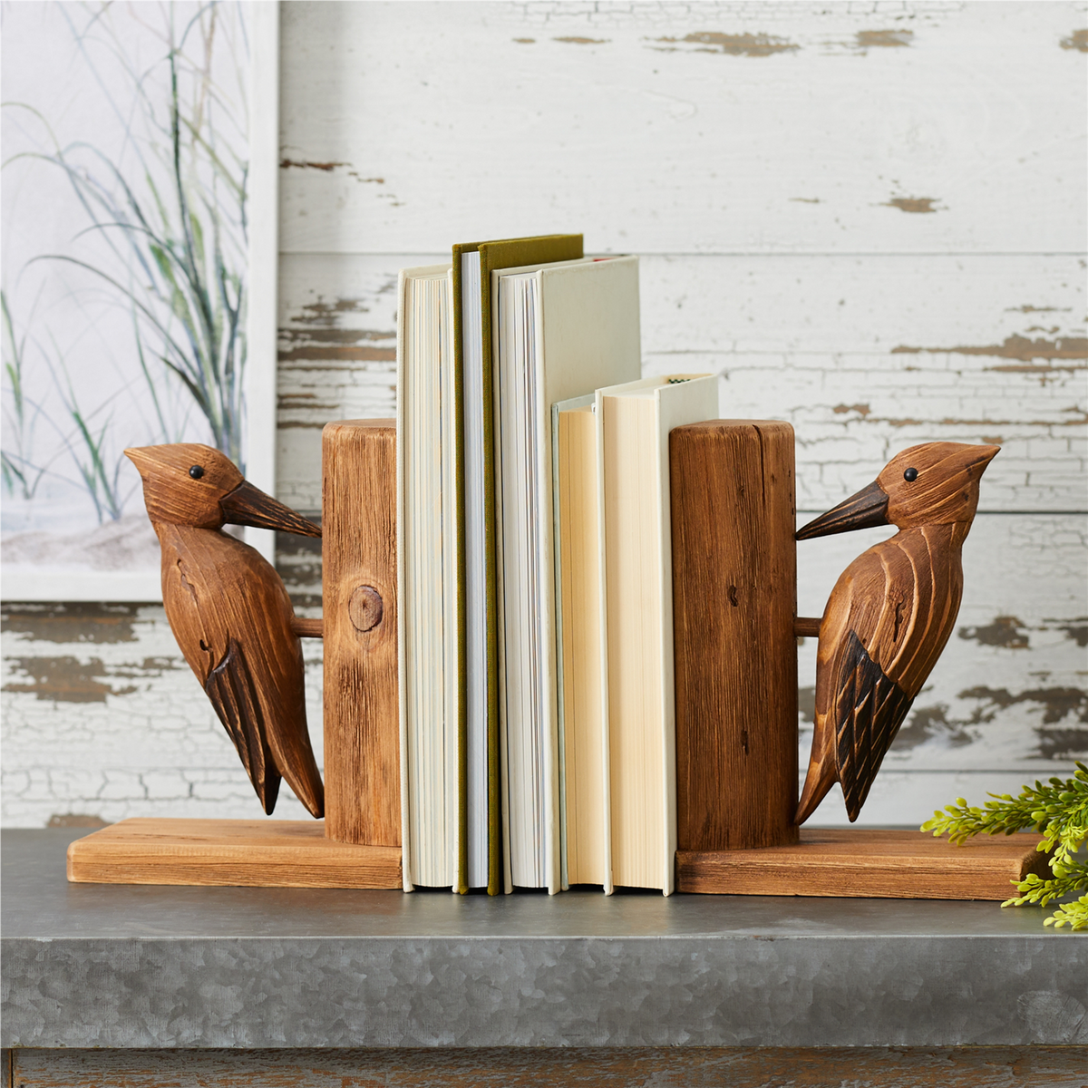 Pine Wood Woodpecker Bird Bookend (Set of 2) -Ship Only