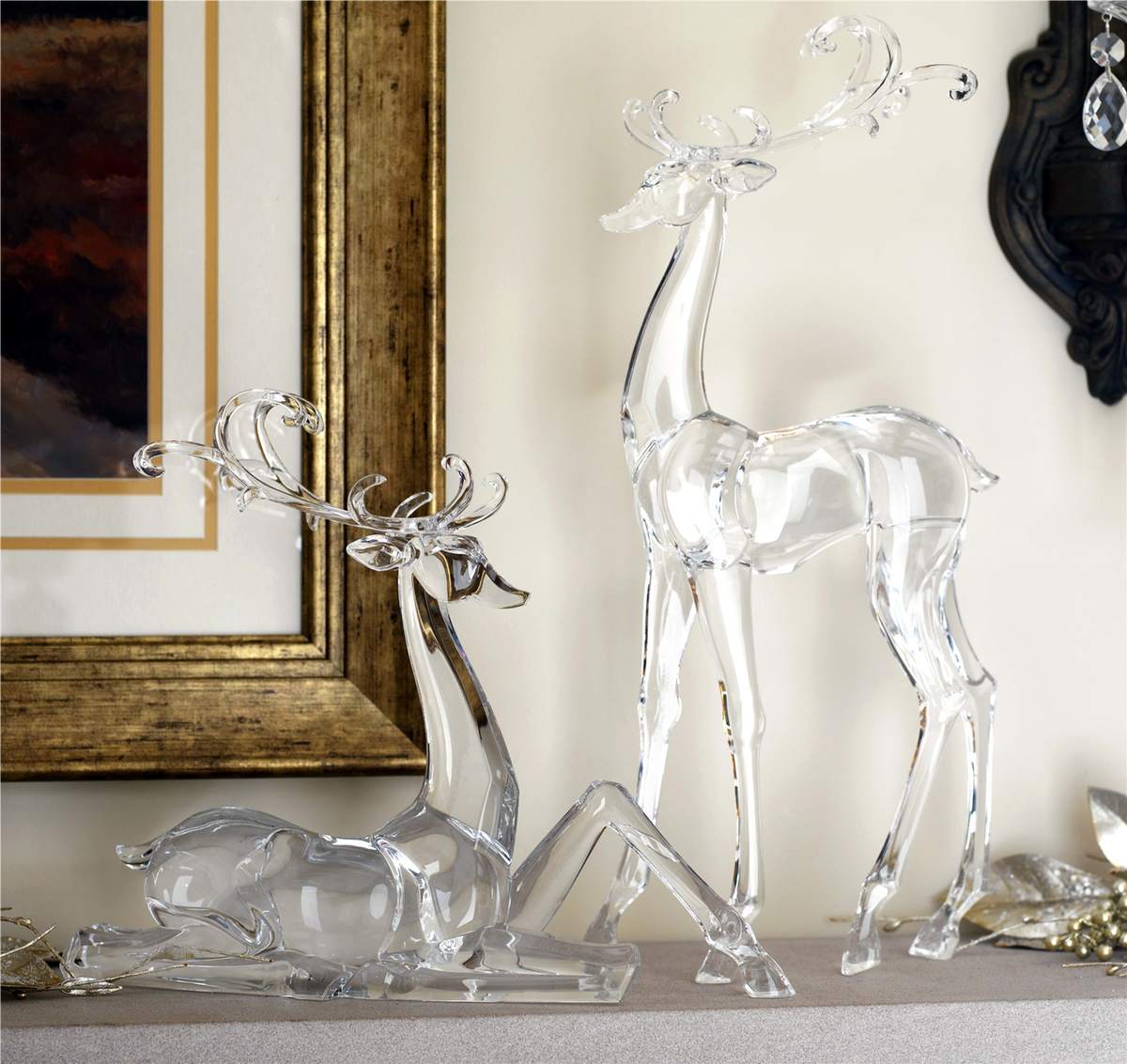 Modern Clear Acrylic Holiday Deer Figurine (Set of 2) -Ship Only