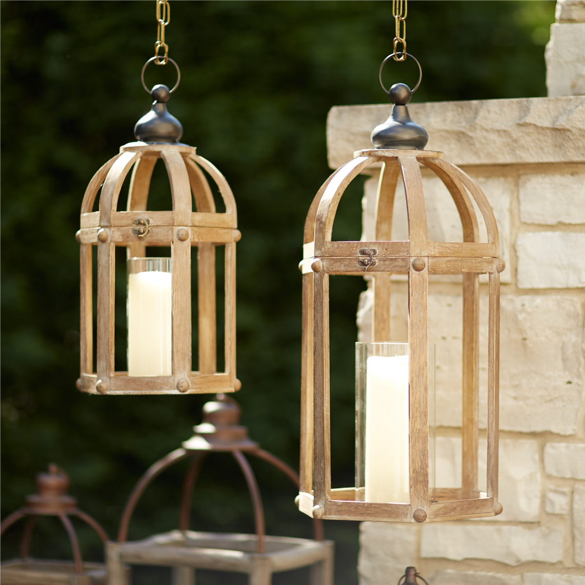 Open Wood Lantern with Glass Hurricane (Set of 2) -Ship Only