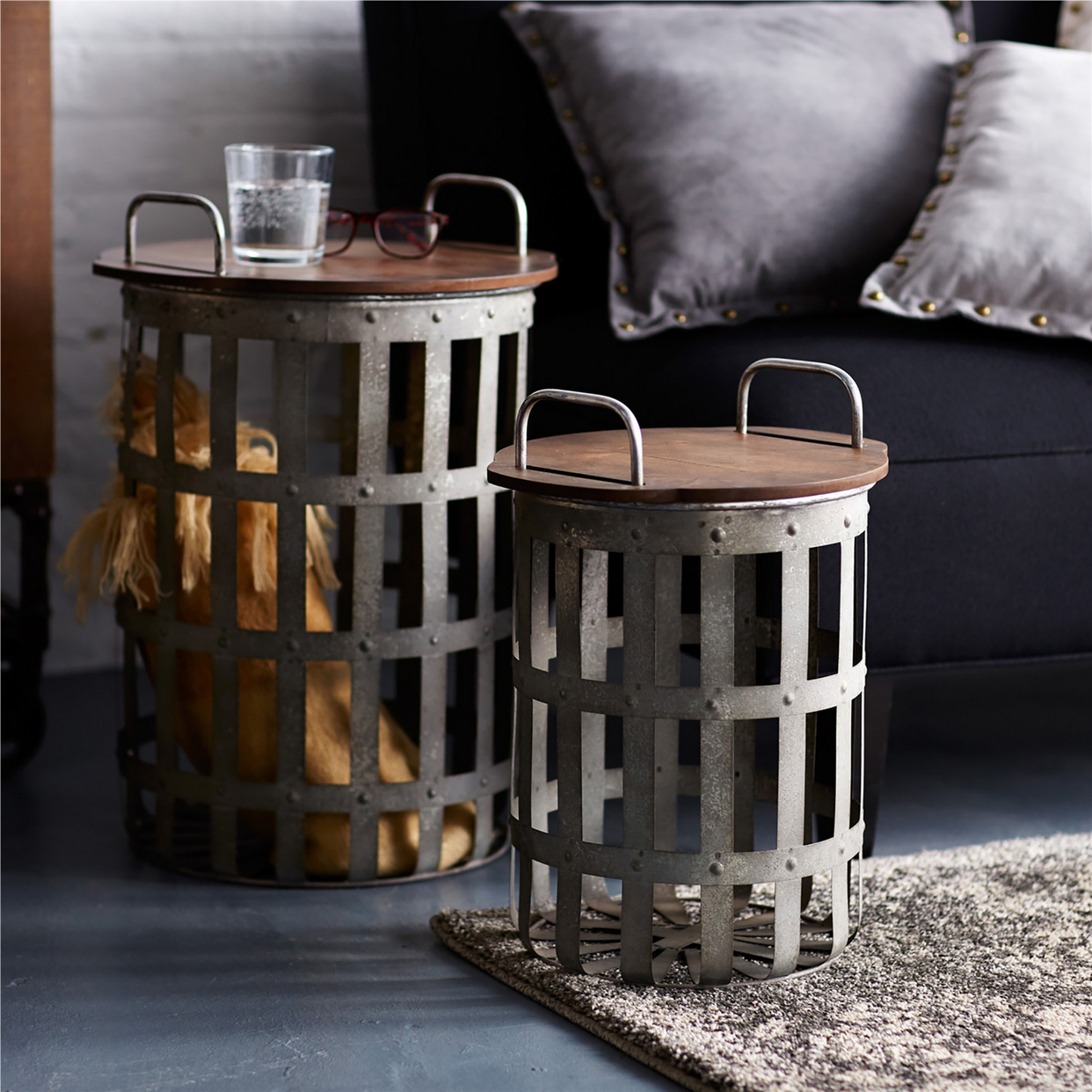 Metal and Wood Side Basket Tables (Set of 2) -Ship Only