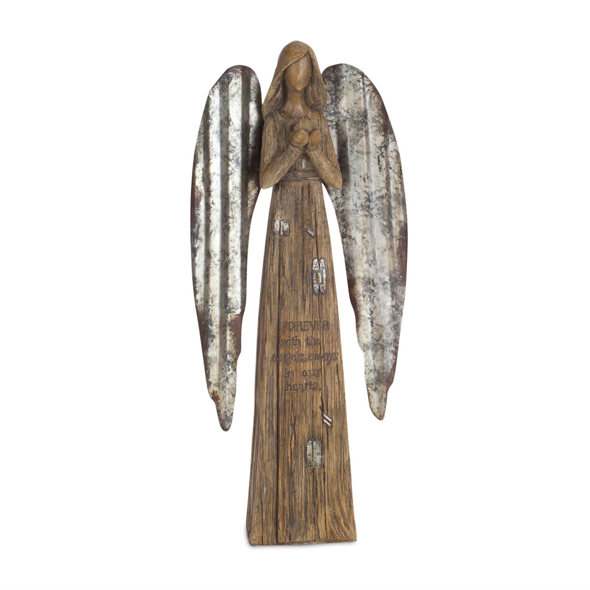 Rustic Wood Sentiment Angel with Galvanized Metal Wings (Set of 2) -Ship Only