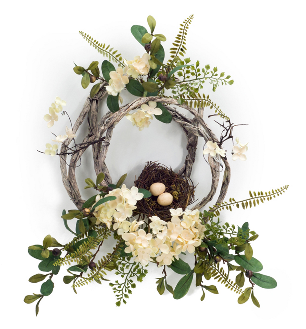 Woven Grapevine Wreath with Hydrangea and Bird Nest Accents (Set of 4) -Ship Only