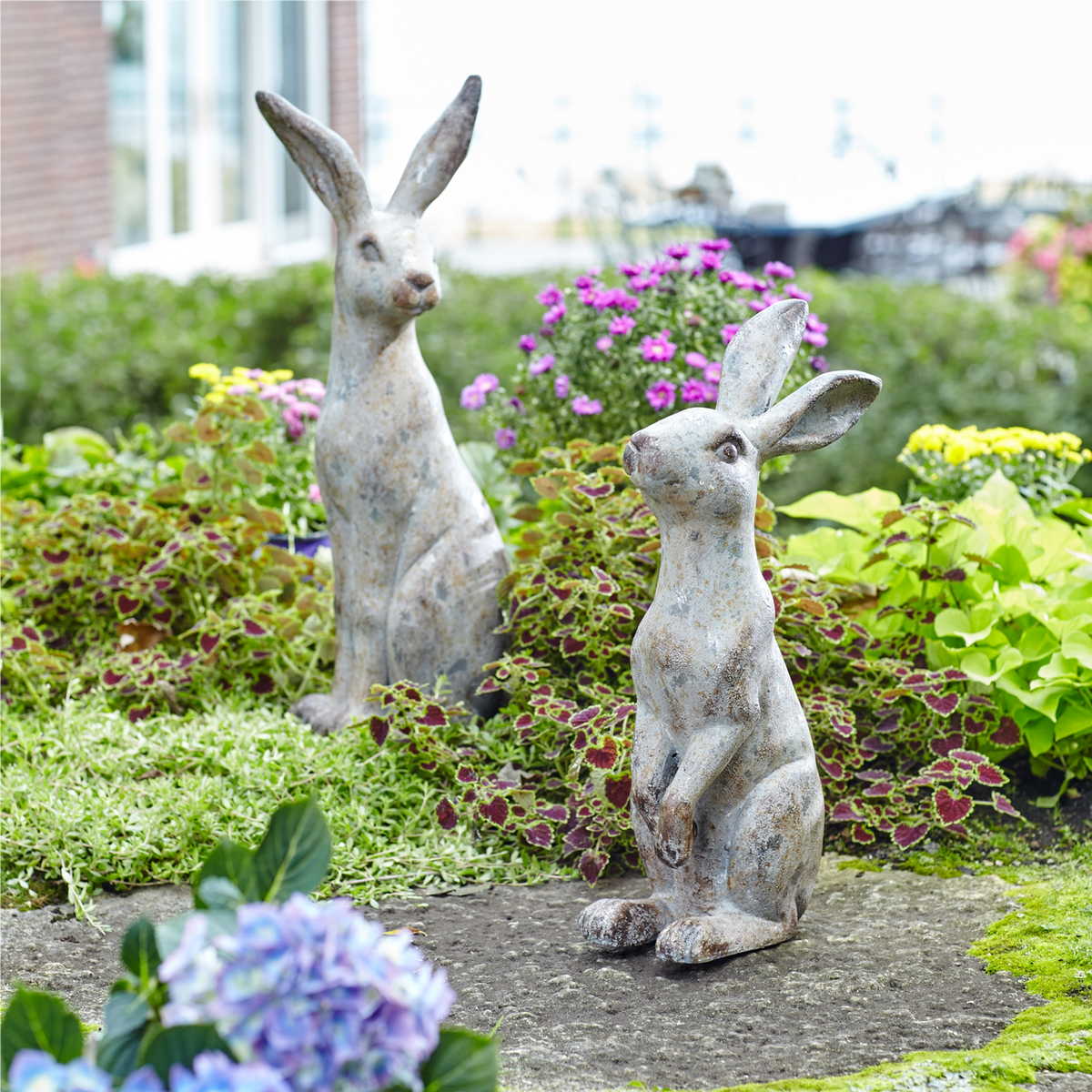 Weathered Stone Standing Garden Rabbit Figurine (Set of 2) -Ship Only