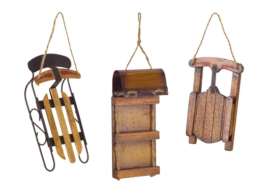 Vintage Wood Sled Tree Ornament (Set of 12) -Ship Only