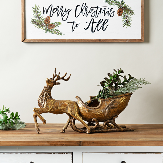 Bronze Metal Deer with Sleigh Display 19"L -Ship Only