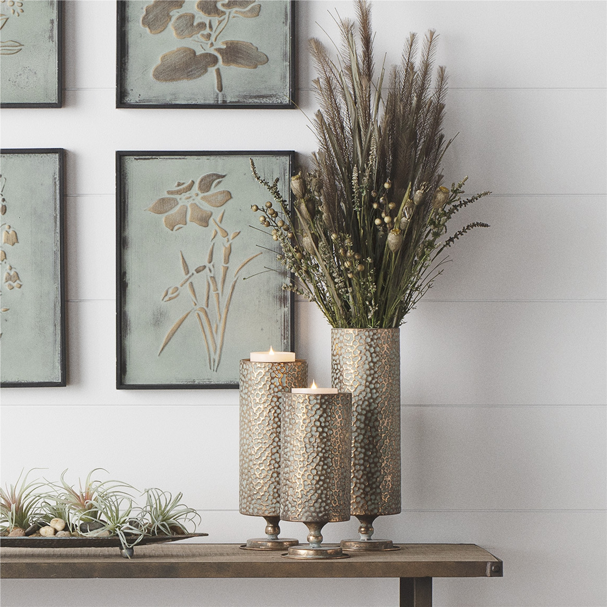 Hammered Bronze Metal Candle Holder (Set of 3) -Ship Only