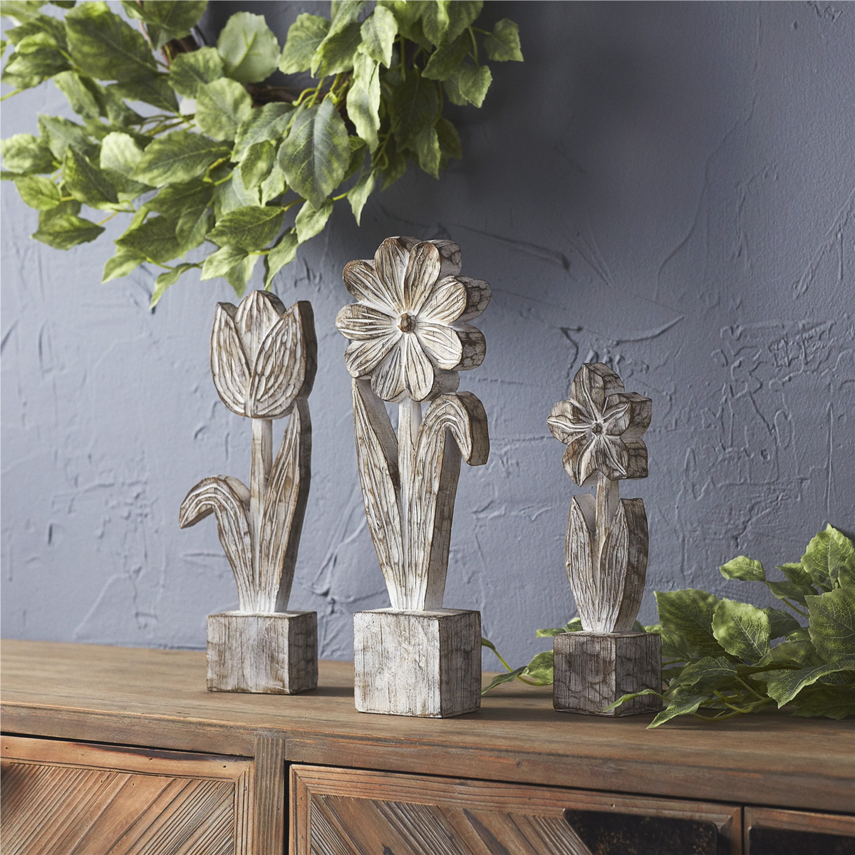 White Washed Potted Floral Sculpture (Set of 3) -Ship Only