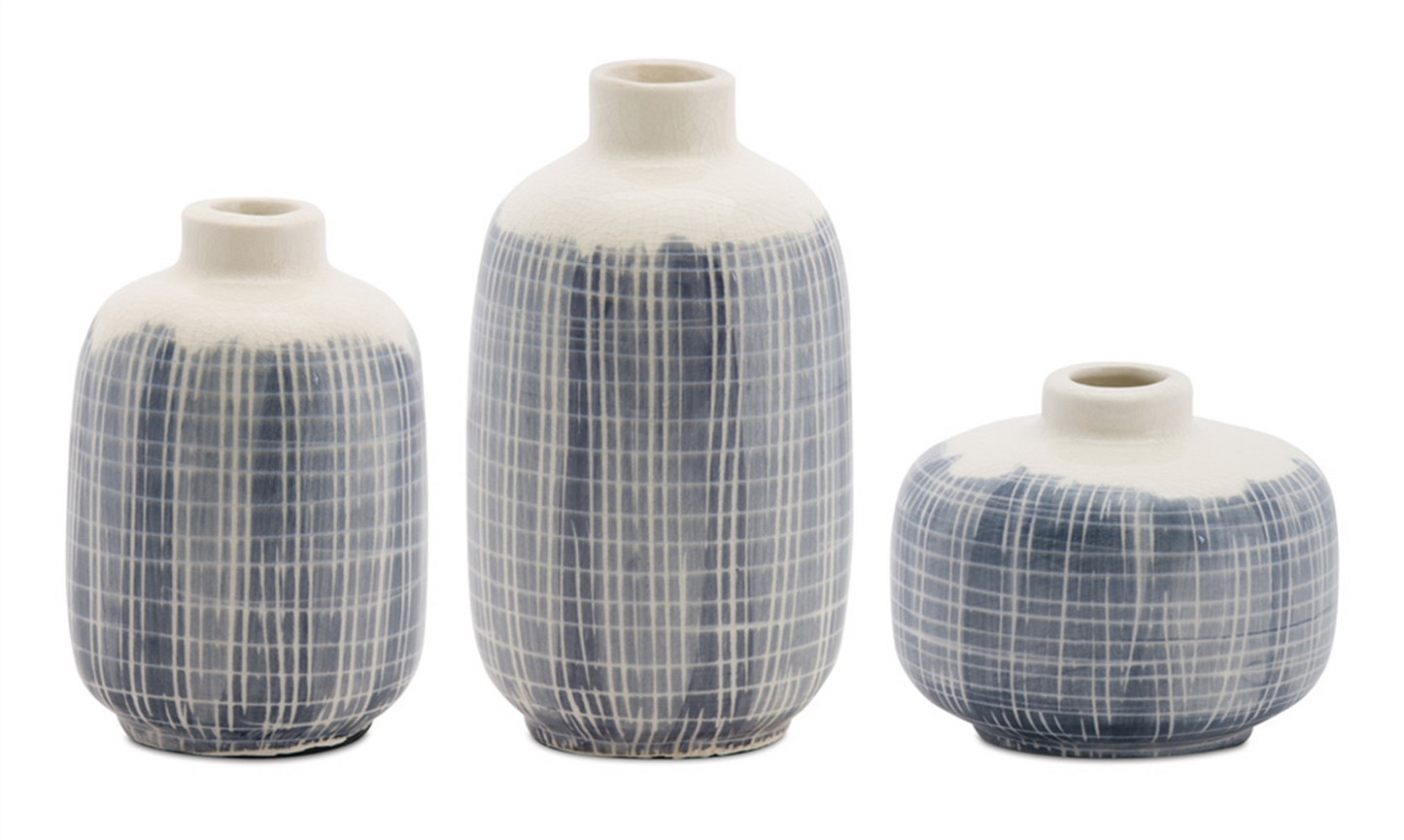 Mini Terra Cotta Bud Vase with Navy Criss Cross Pattern (Set of 6) -Ship Only