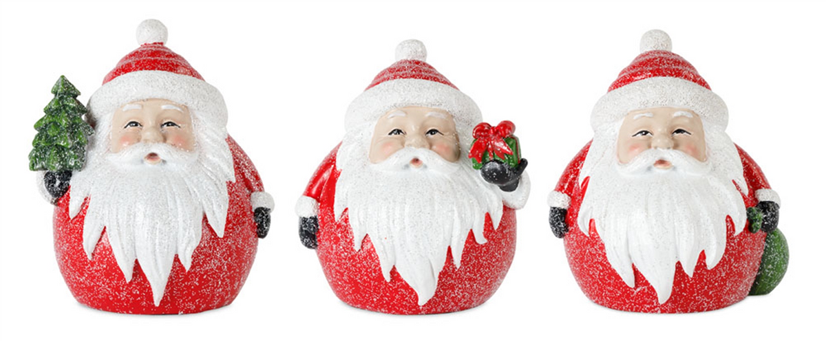 Frosted Round Santa Figure with Bird and Pine Accent (Set of 6) -Ship Only