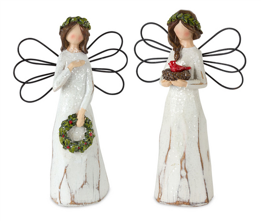 Frosted Winter Angel with Bird and Wreath Accent (Set of 6) -Ship Only